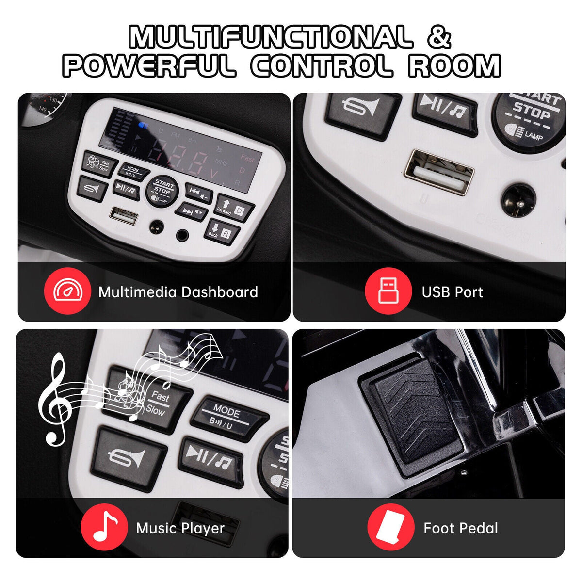 Ride-on electric truck dashboard with buttons, music player, USB port, and foot pedal