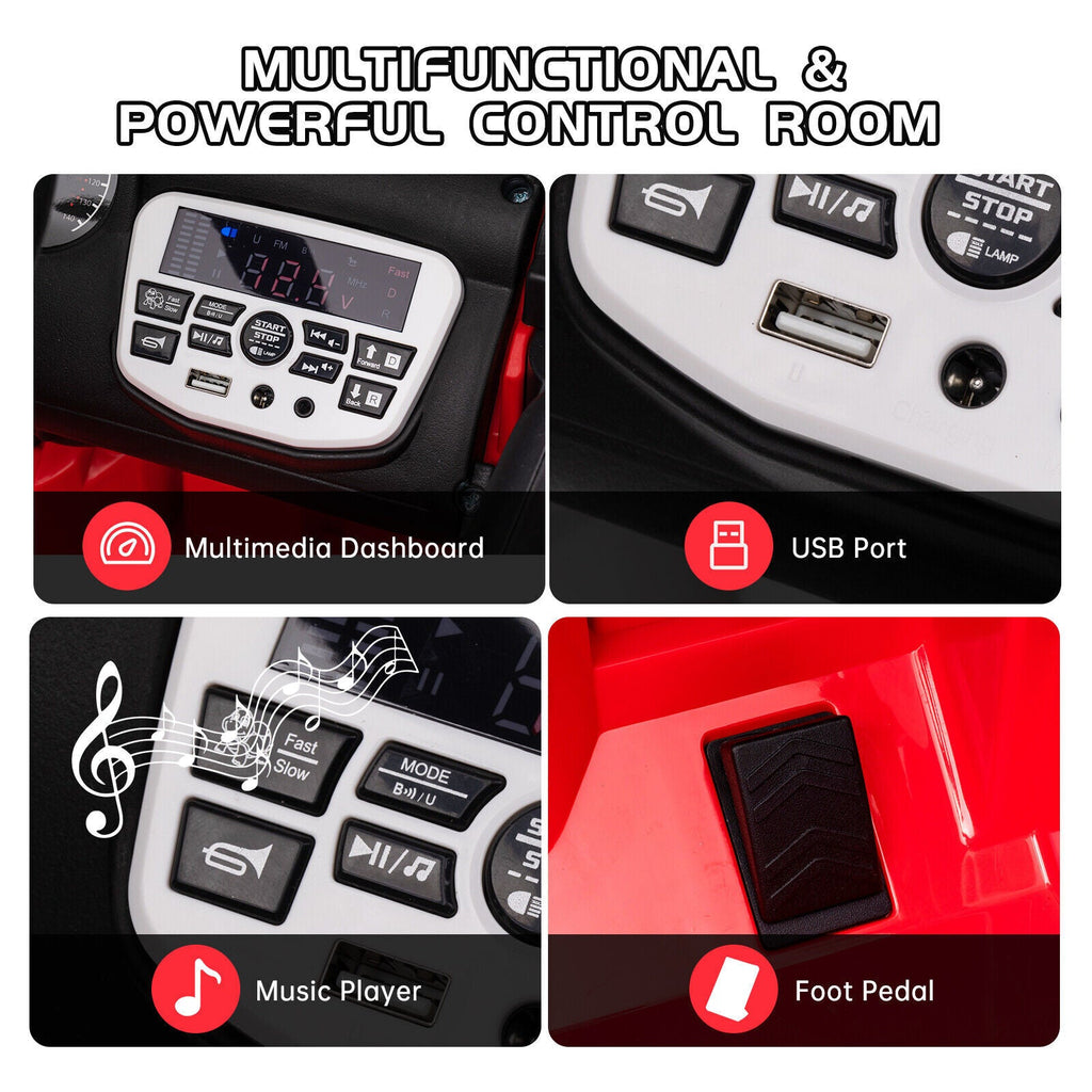 Red ride-on truck dashboard controls, USB port, music player buttons, and foot pedal close-up.