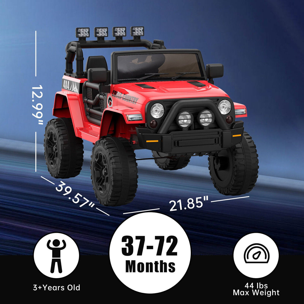 Red ride-on 4x4 electric truck car showing size dimensions over the hood and tires.