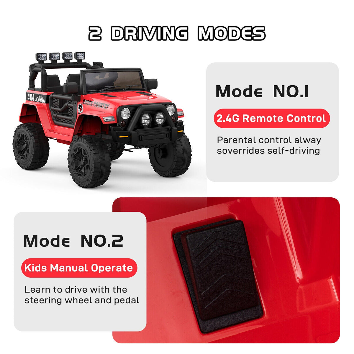 Red ride-on electric truck showing two driving modes and black steering-wheel control panel.