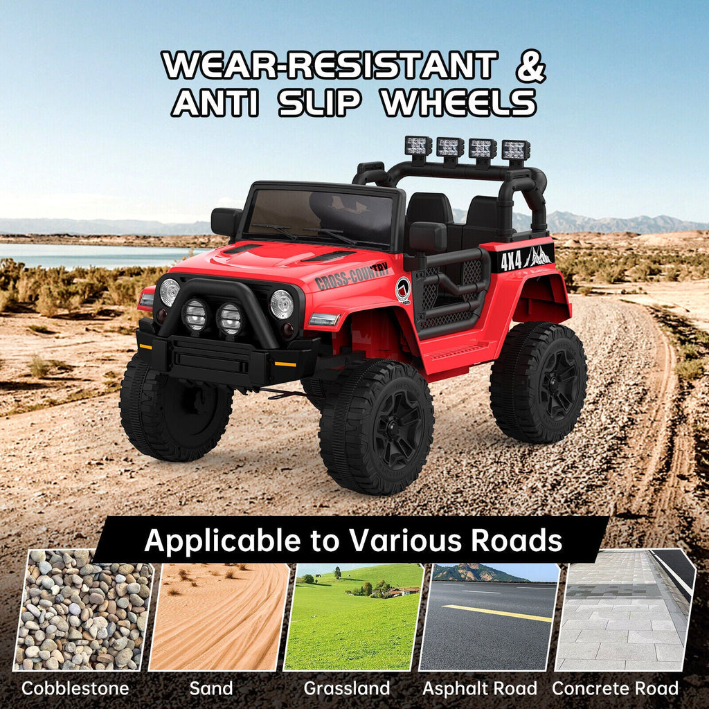 Red and black ride-on 4x4 electric truck with wear-resistant anti-slip wheels and open grille.