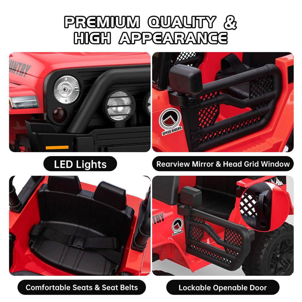 Red ride-on 4x4 truck features: LED lights, rearview mirror, head grid window, seat belts.