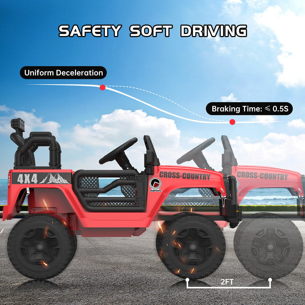 Red ride-on 4x4 electric truck with safety soft driving system and braking distance indicator.