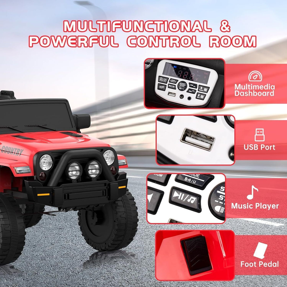Red ride-on truck control panel with multimedia dashboard, USB port, music player, and foot pedal.