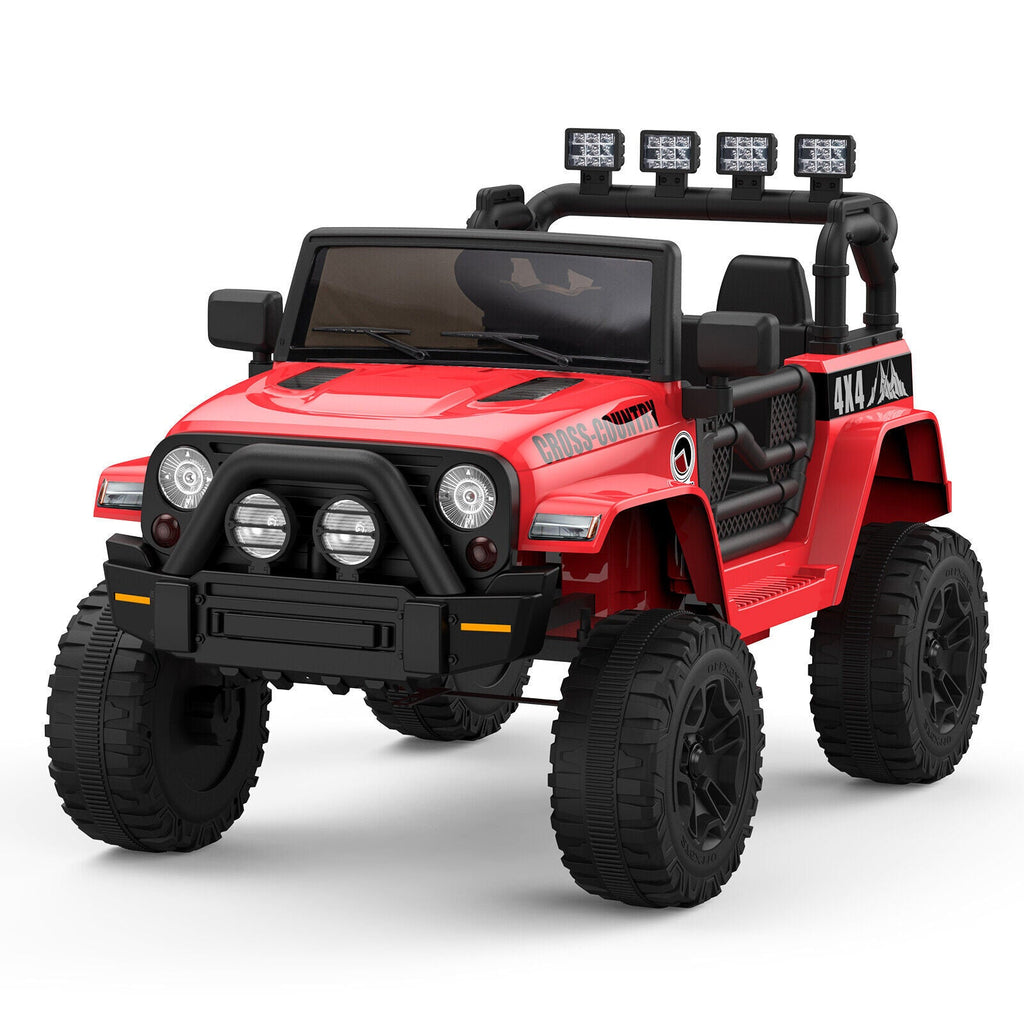Red 12V ride-on electric truck with front LED headlights, grille, and chunky tires
