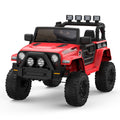Red 12V ride-on electric truck with front LED headlights, grille, and chunky tires