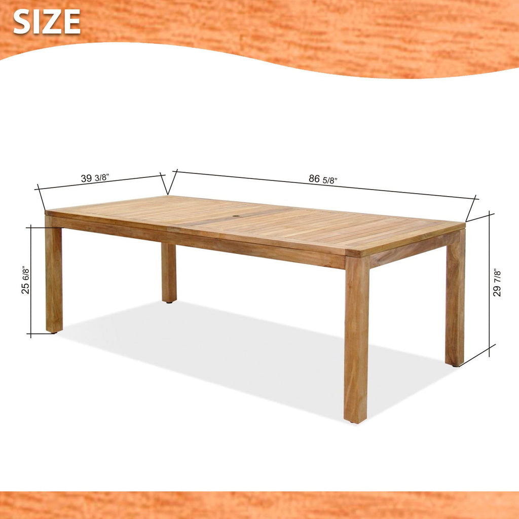 Rectangular teak dining table with slatted top and four straight legs