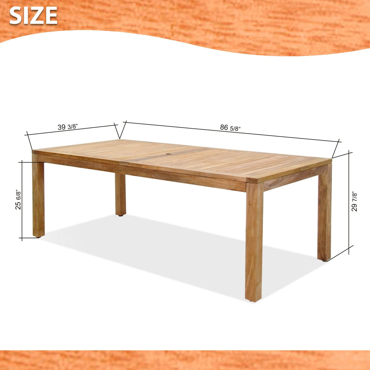 Rectangular teak dining table with slatted top and four straight legs