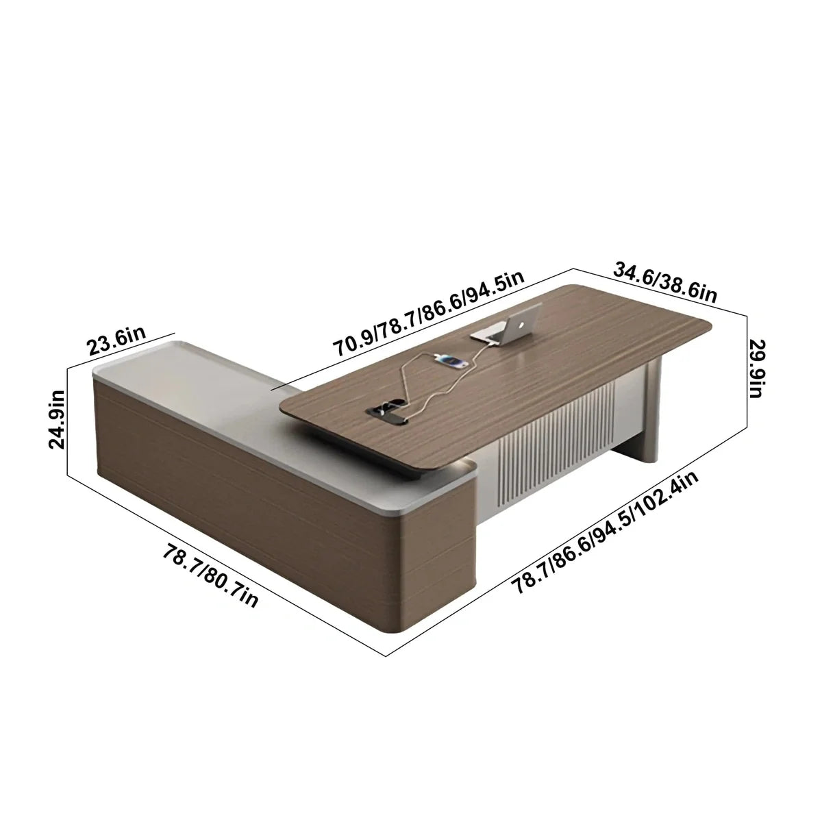 L-shaped executive desk with brown-and-gray finish; dimensions diagram shown