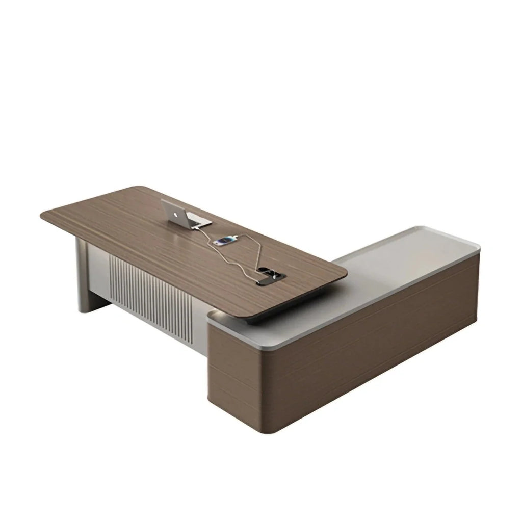 Compact L-shaped executive desk with brown finish and gray return work surface