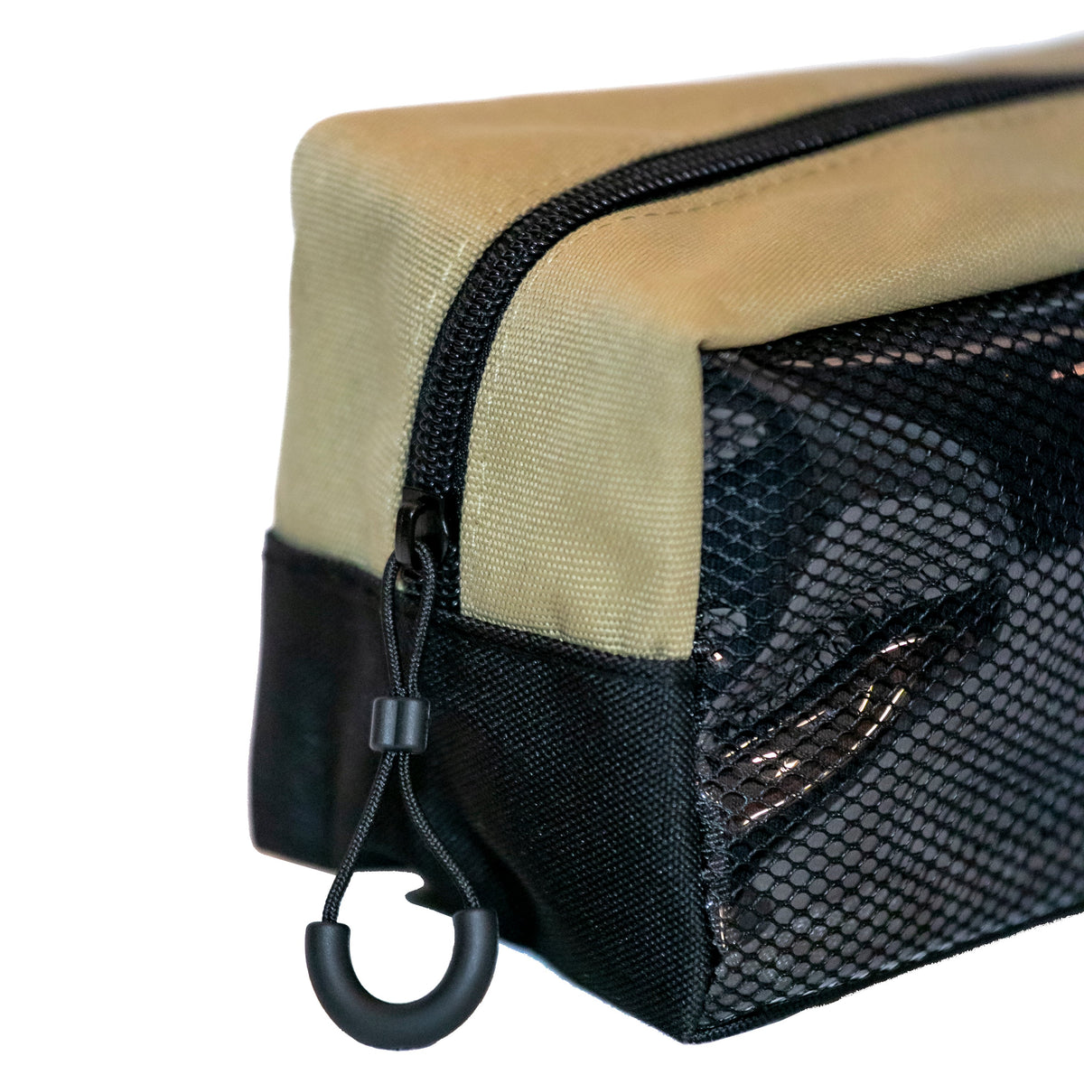 RiPouch Gear Roll end pouch with tan trim, black mesh pocket, and zipper pull