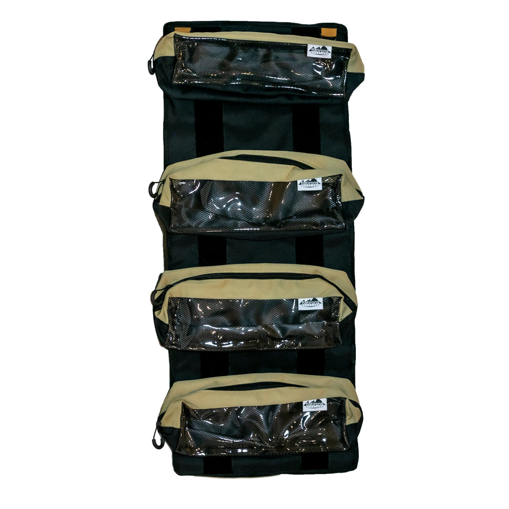 Stacked RiPouch Gear Roll organizer pouches in black with tan accent bands
