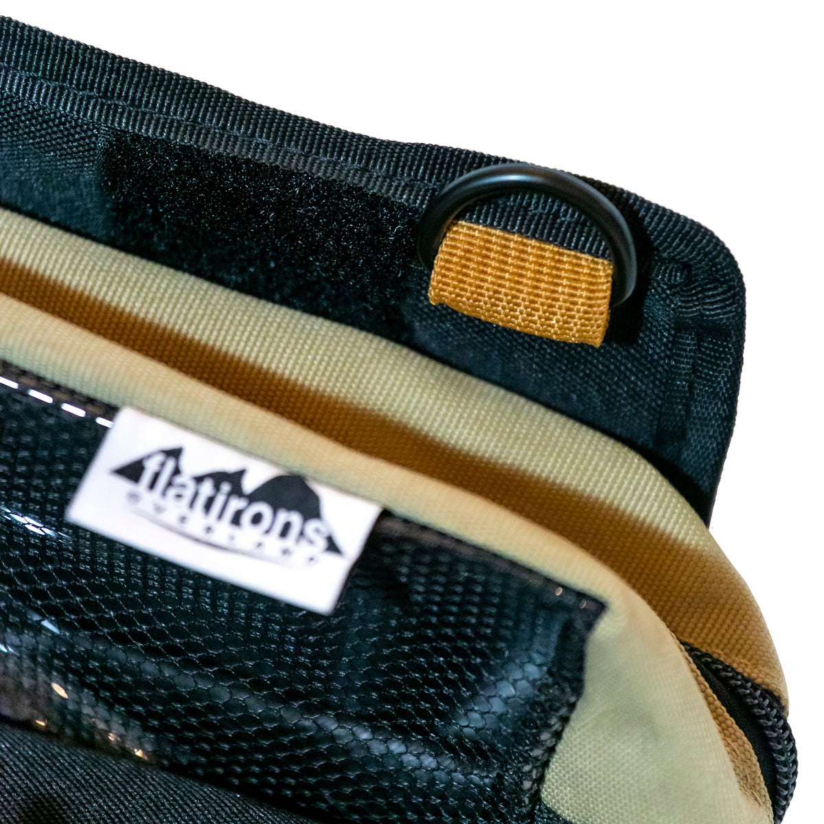 RiPouch Gear Roll label area with black strap loop and tan-edged interior panel