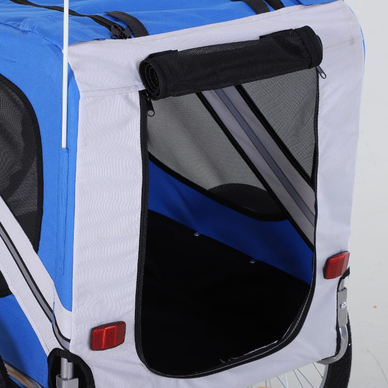 Blue and white pet bike trailer rear door with black zipper mesh window