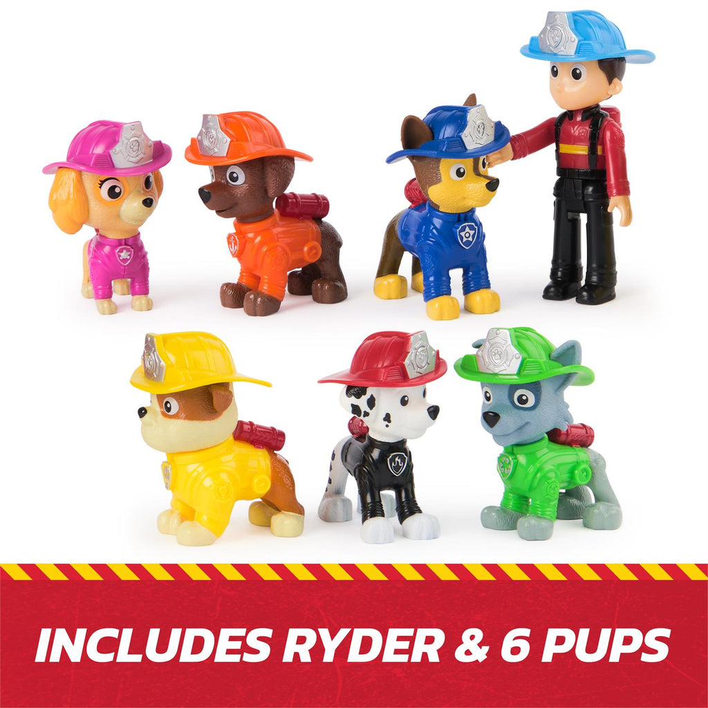 PAW Patrol fire rescue action figures: rider and 6 pups in helmeted outfits