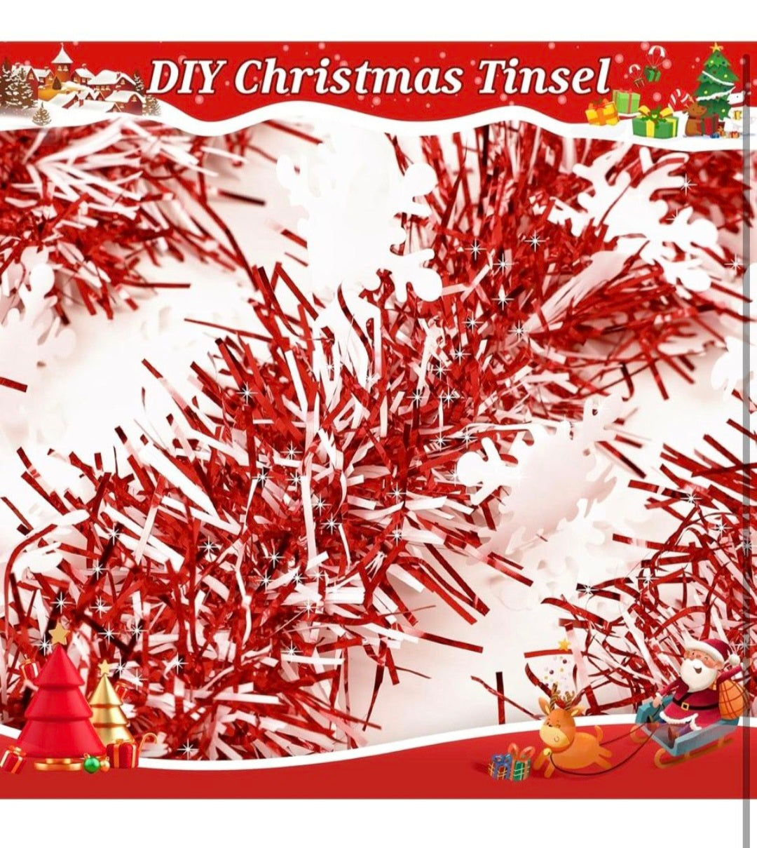 DIY red metallic tinsel with snowflake texture shown on package insert