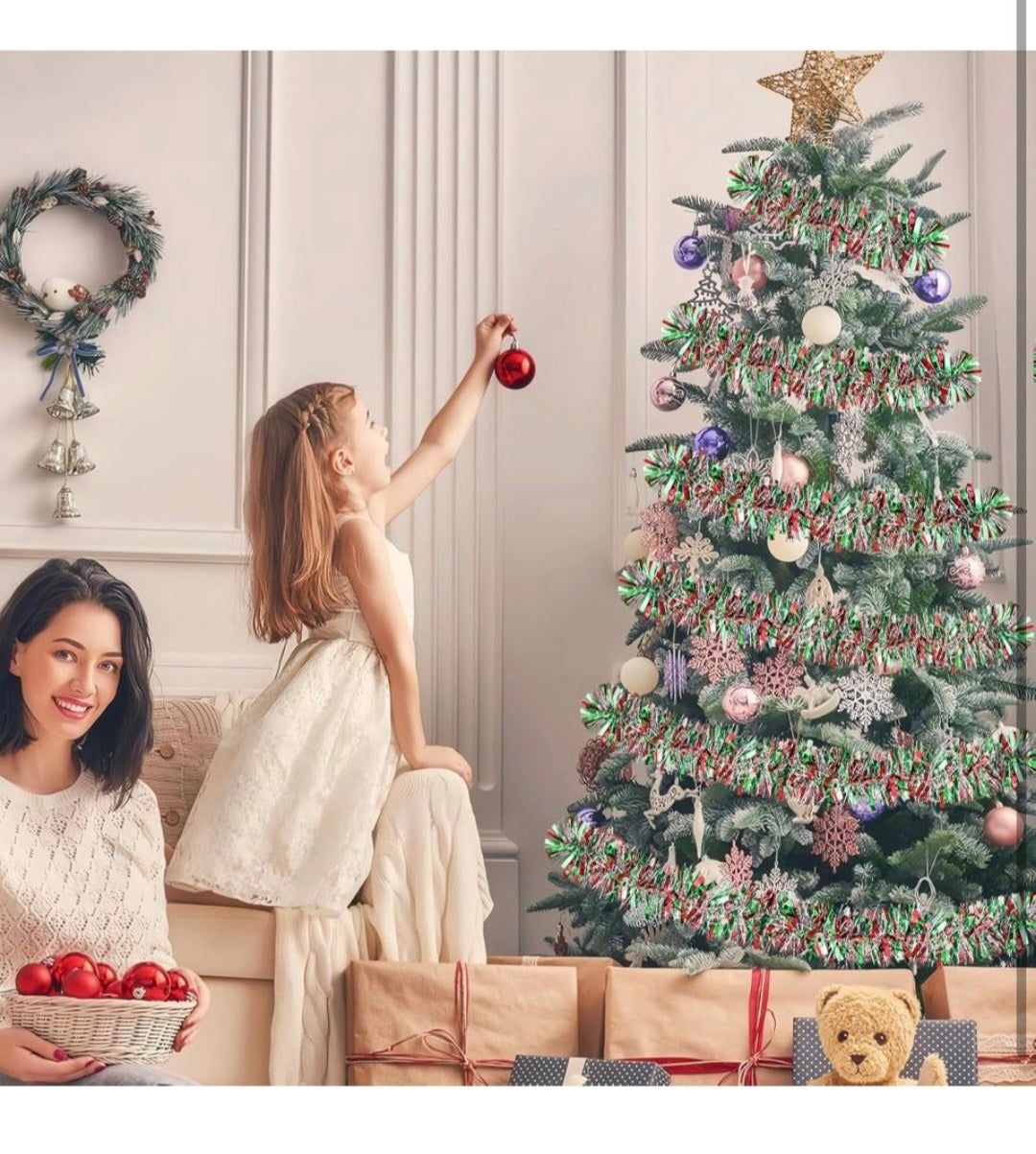 Christmas tree garland with red, green, and silver tinsel strands