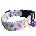 Lavender nylon dog collar with colorful heart pattern and black plastic buckle