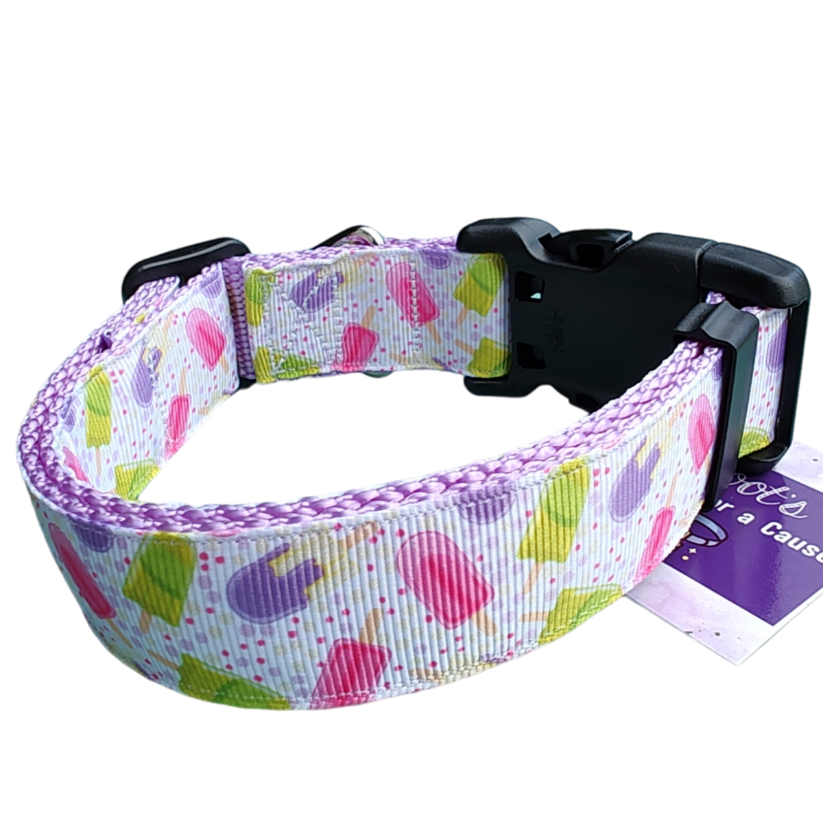 Lavender nylon dog collar with colorful heart pattern and black plastic buckle