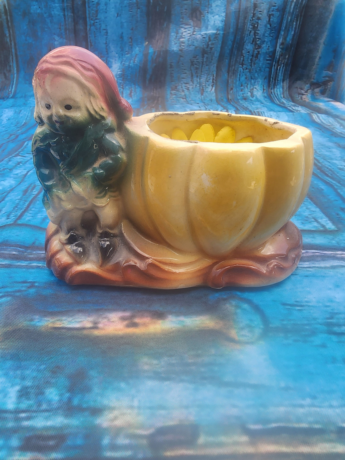 Vintage yellow ceramic gnome pumpkin planter with face figure and open inner bowl