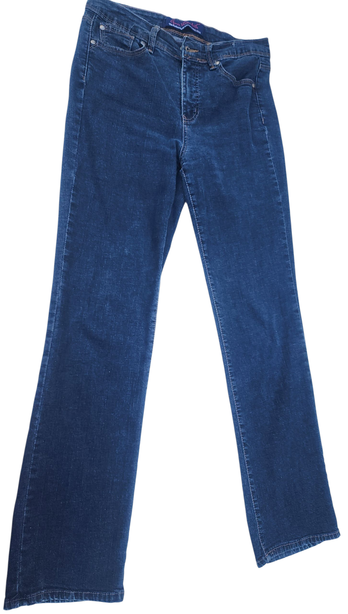 Women's blue jeans in medium wash, straight leg, button-front closure and belt loops