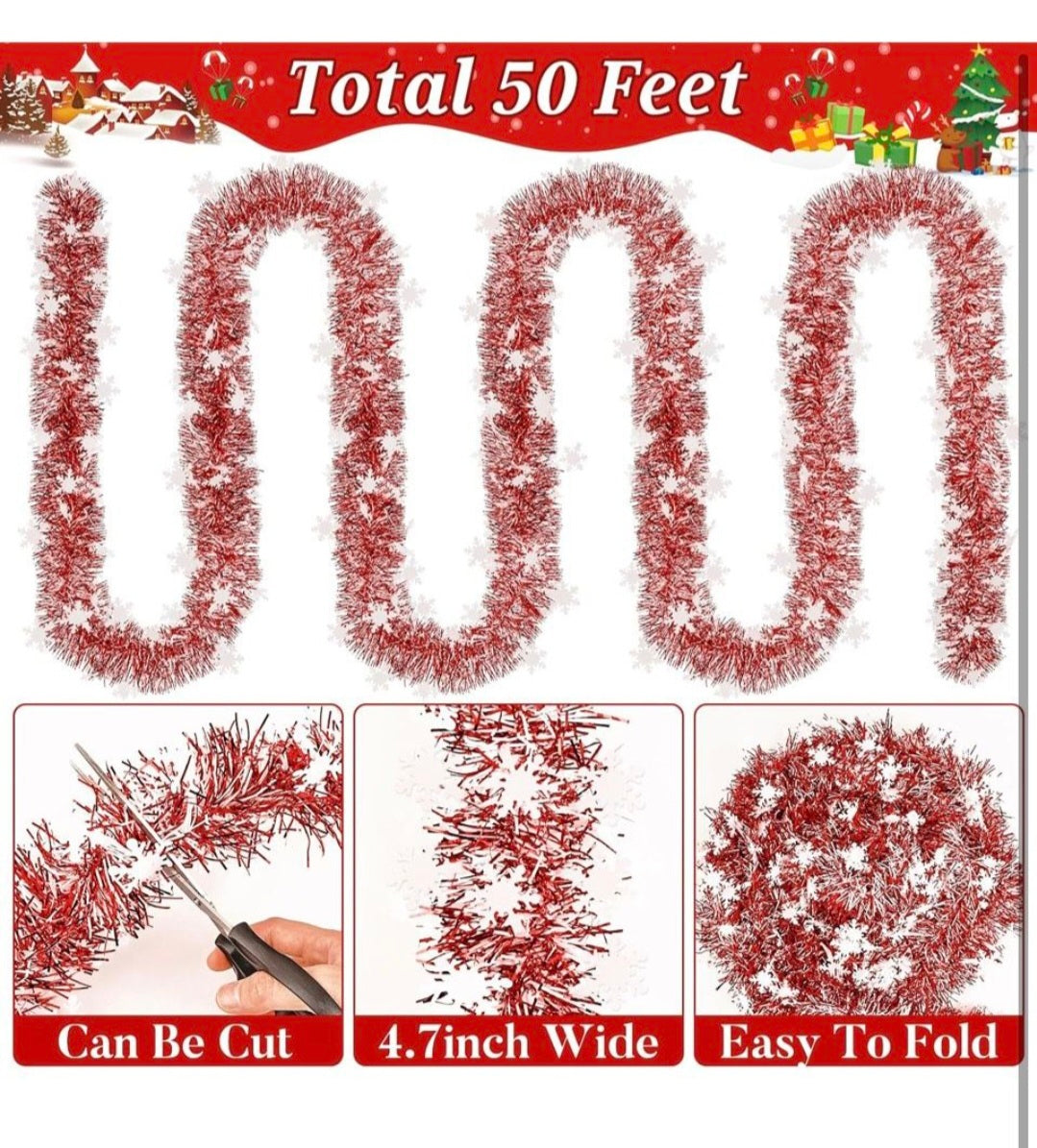 Red and white tinsel garland length card showing total 50 feet