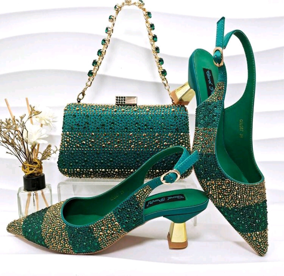 Ladies shoes and matching beaded clutch set with green pointed-toe heels and slingback