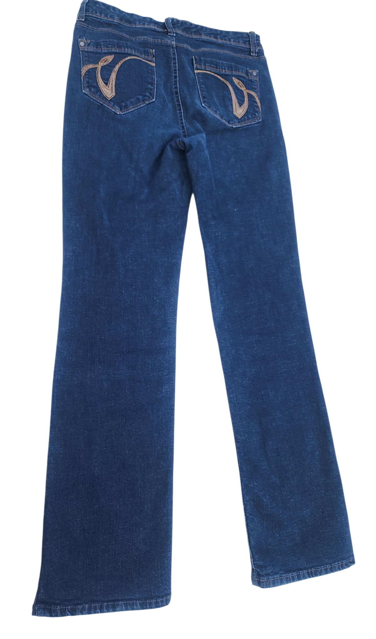 Women's blue jeans with embroidered back pockets and straight, wide-leg fit