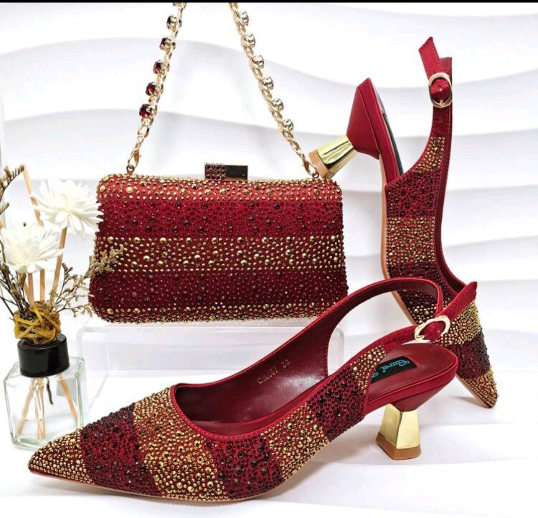 Ladies shoes and matching beaded clutch set with burgundy pointed-toe block heels