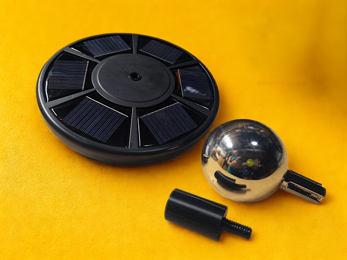 Solar flag light kit with round solar panel base, chrome ball adapter, and connector