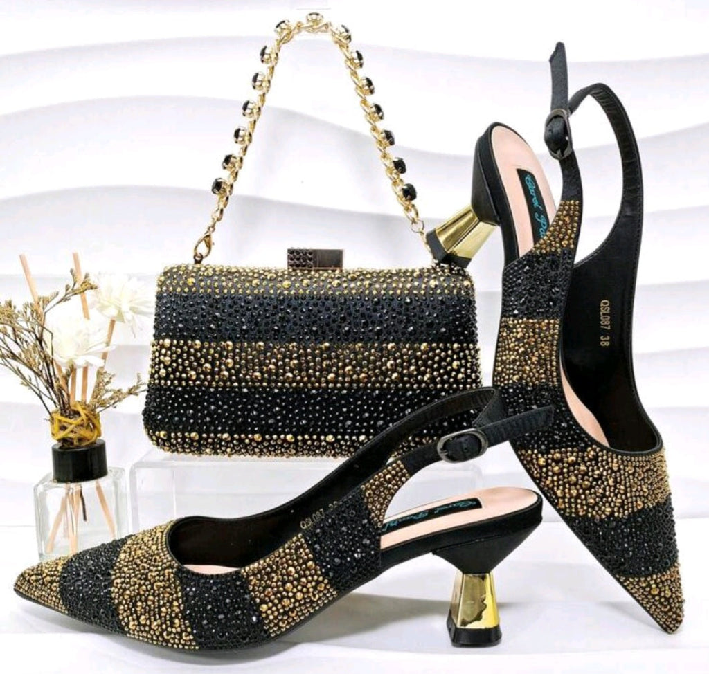 Ladies shoes and matching beaded clutch set with black-and-gold block heel pumps