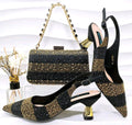 Ladies shoes and matching beaded clutch set with black-and-gold block heel pumps
