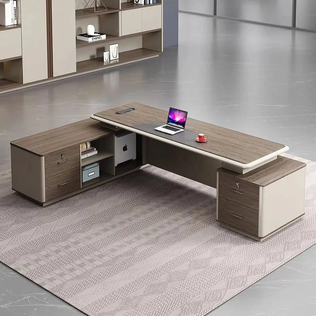 L-shaped executive desk with walnut-look top, drawers, and open storage bay