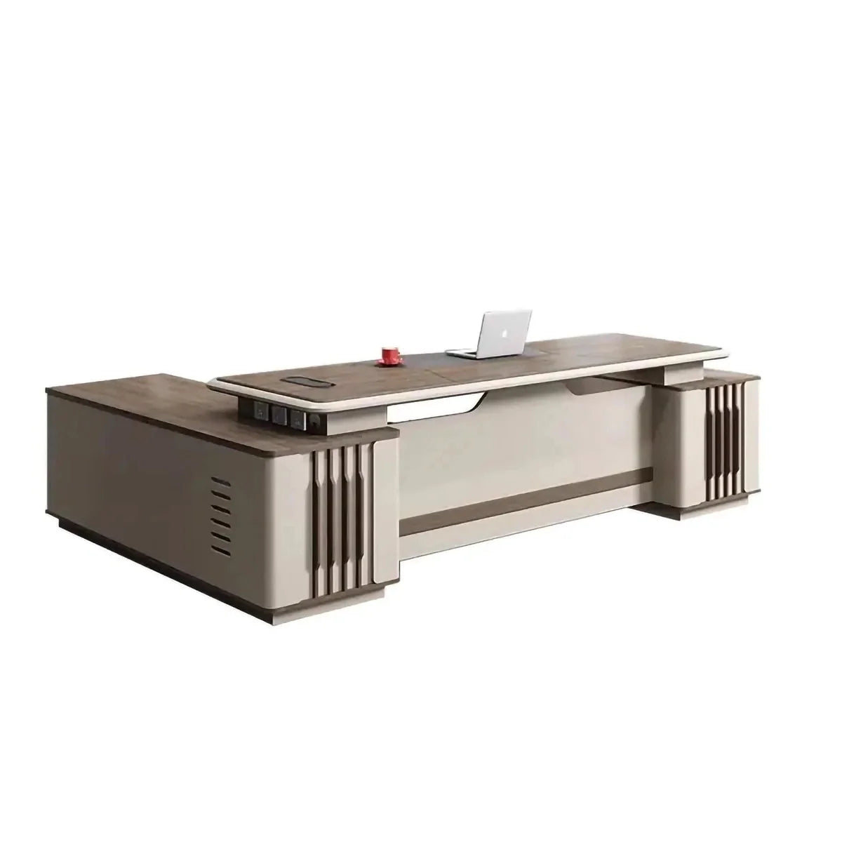 L-shaped executive desk with walnut-look top and light frame, side bays and drawers