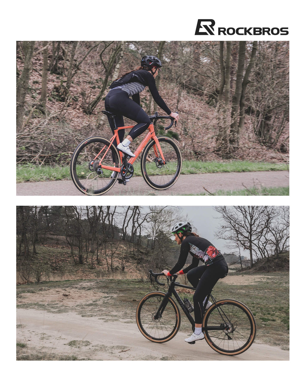 Women's black thermal cycling tights worn during outdoor bicycle ride