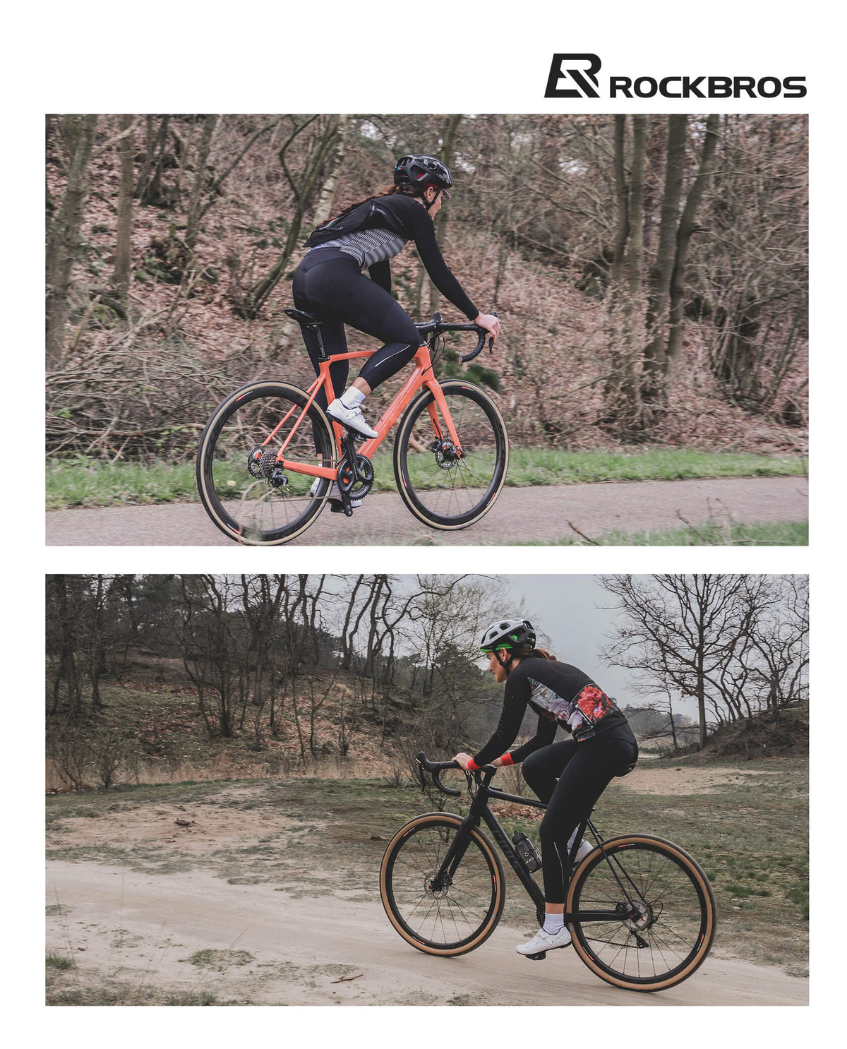 Women's black thermal cycling tights worn during outdoor bicycle ride