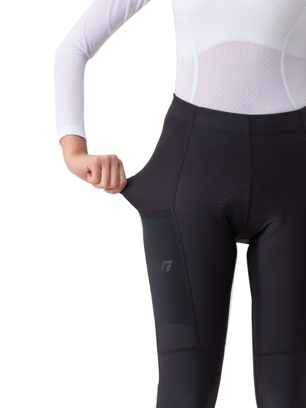 Women's black thermal cycling tights with thigh pocket panel and small logo