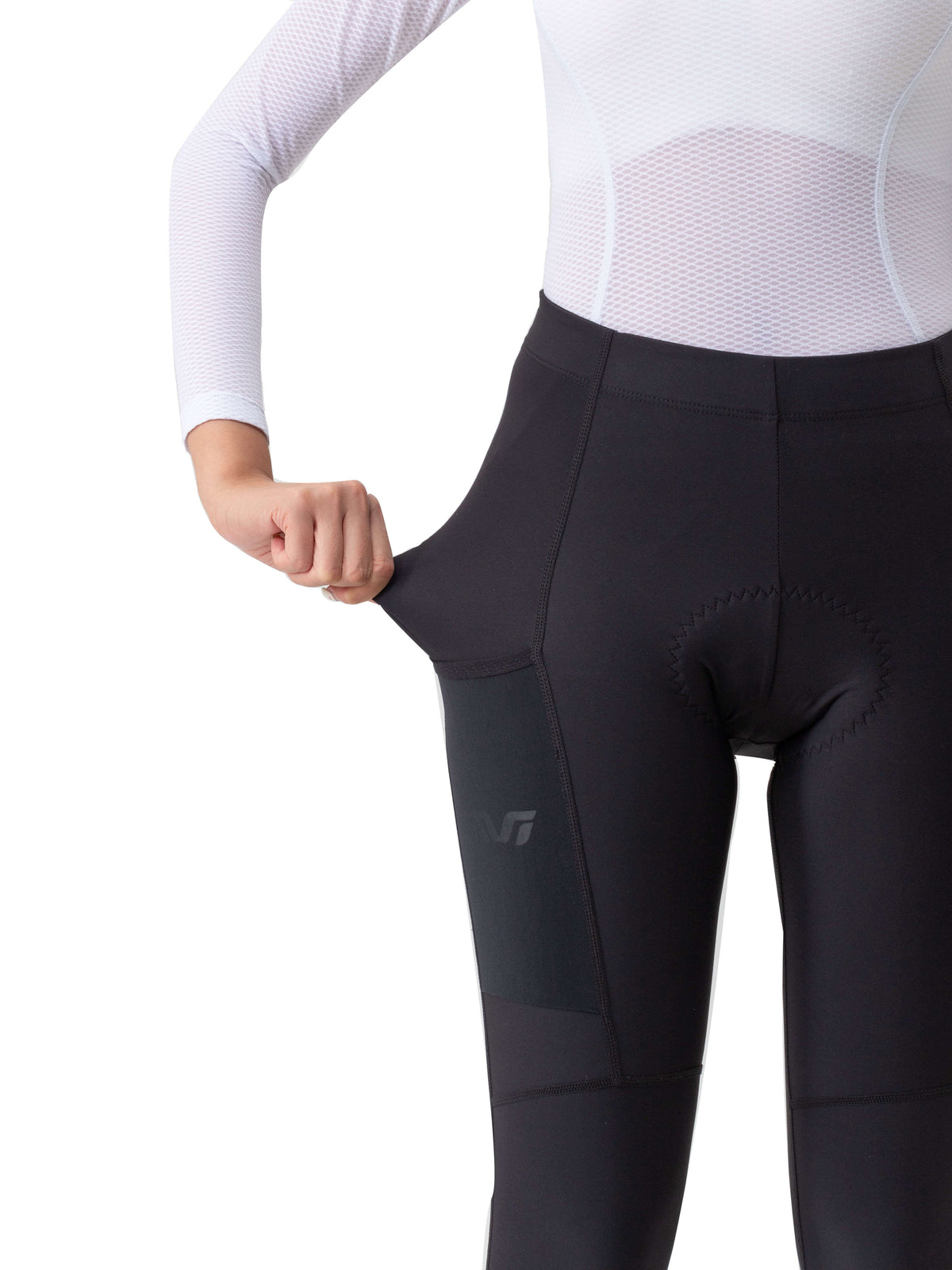Women's black thermal cycling tights with thigh pocket panel and small logo