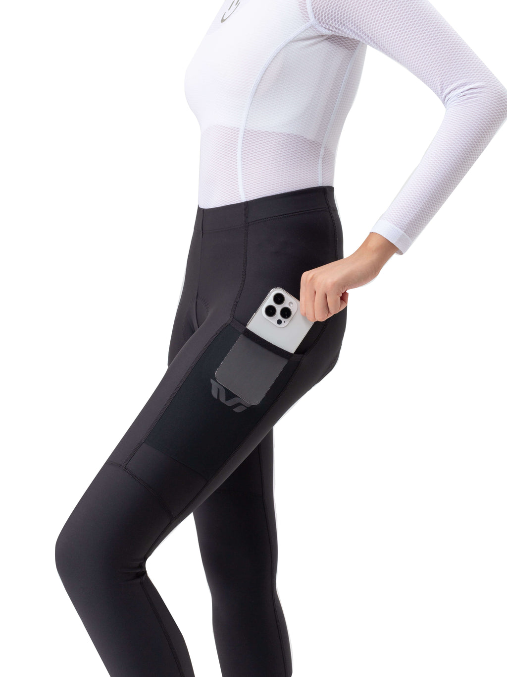 Women's black thermal cycling tights with smartphone-sized side pocket