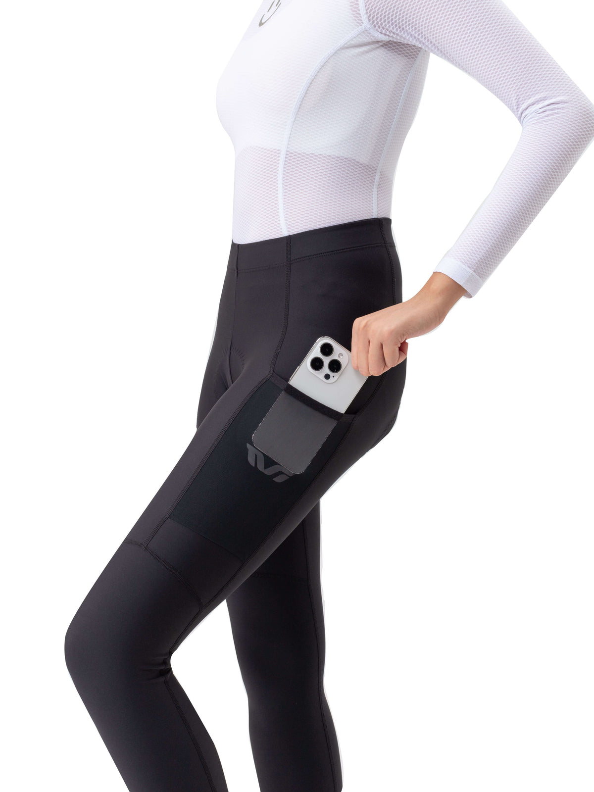 Women's black thermal cycling tights with smartphone-sized side pocket