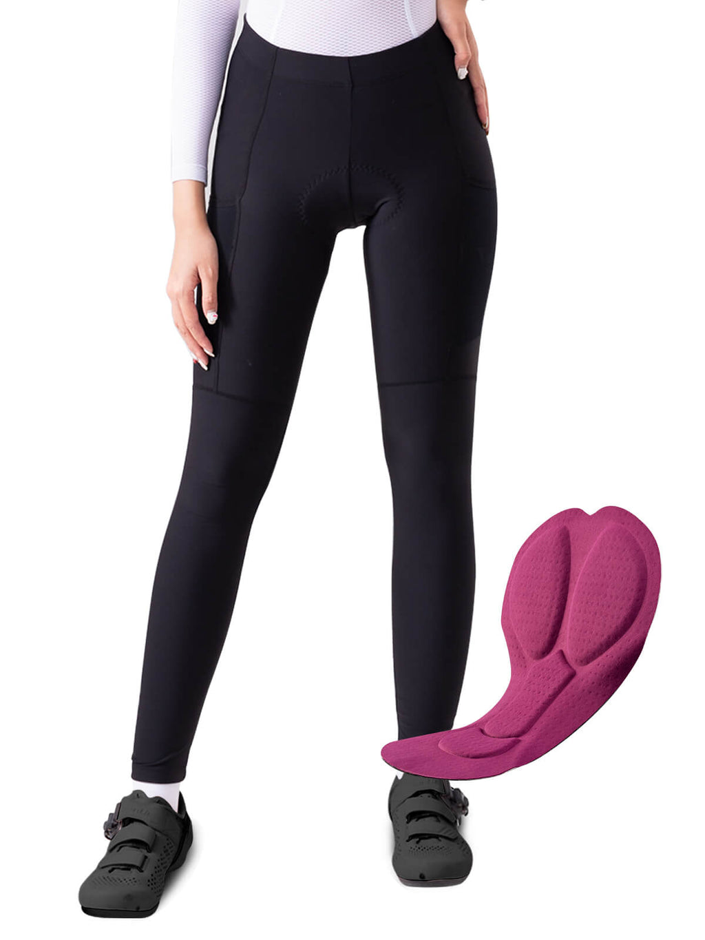 Women's black thermal cycling tights with paneled design and leg-length cut