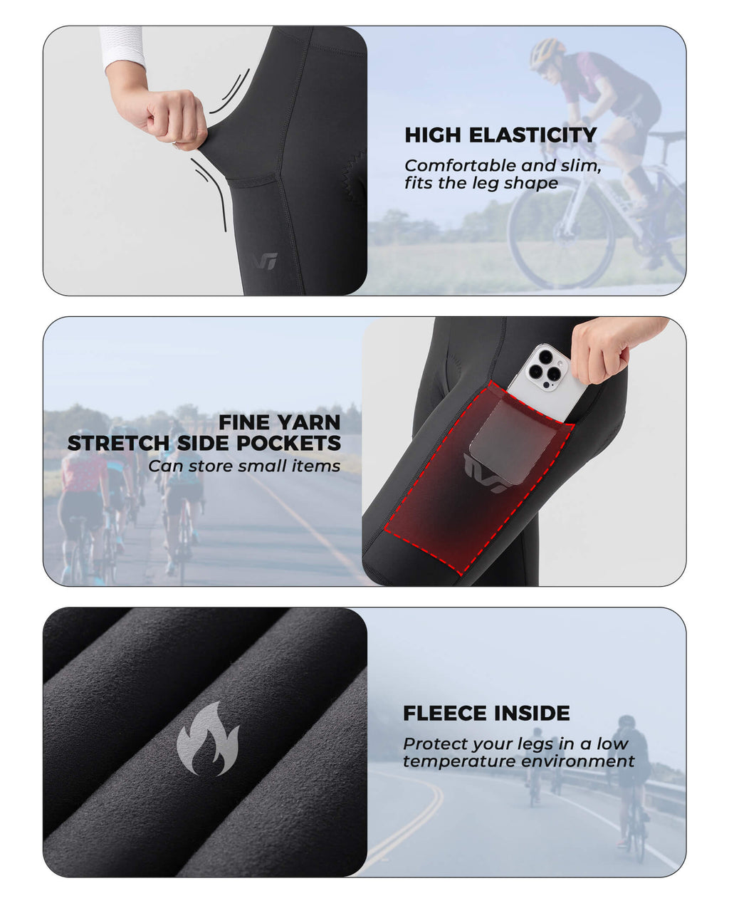 Women's black thermal cycling tights with stretch fabric, side pockets, fleece lining