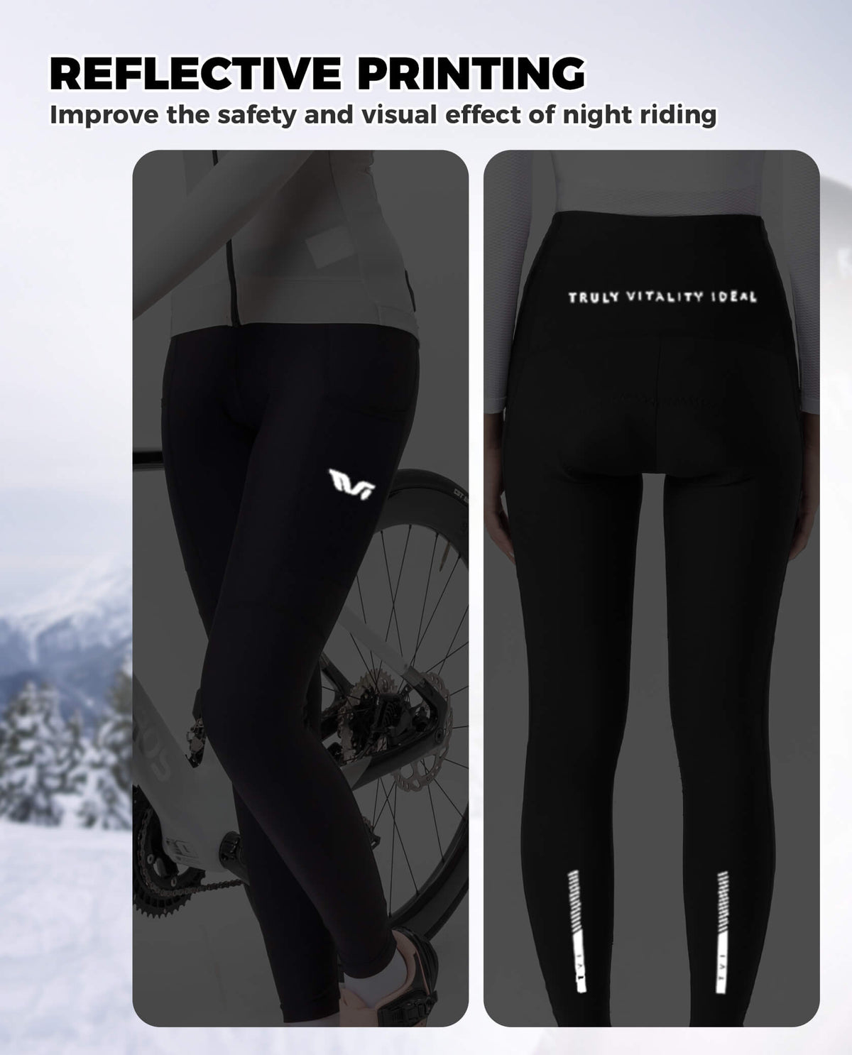 Women's black thermal cycling tights with reflective side stripe