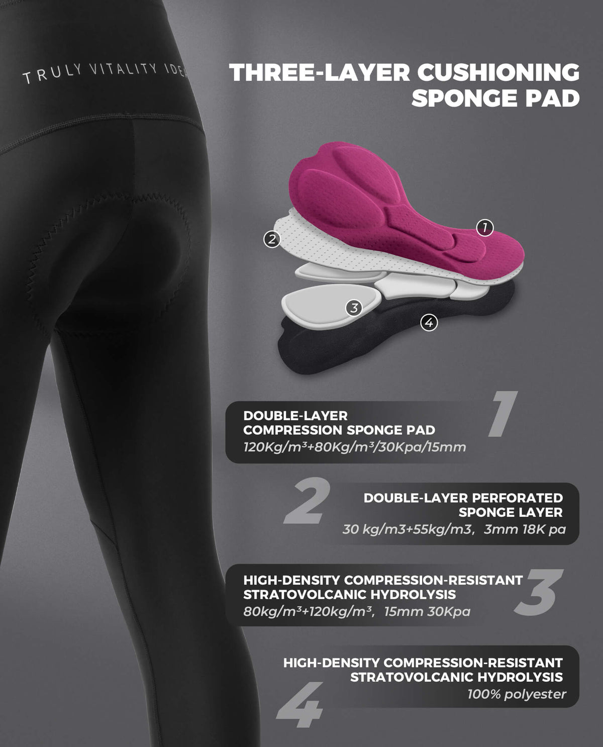 Women's black thermal cycling tights with three-layer cushioned sponge seat pad