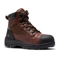 Brown waterproof work boots with lace-up front, black ankle panels, and lug tread sole