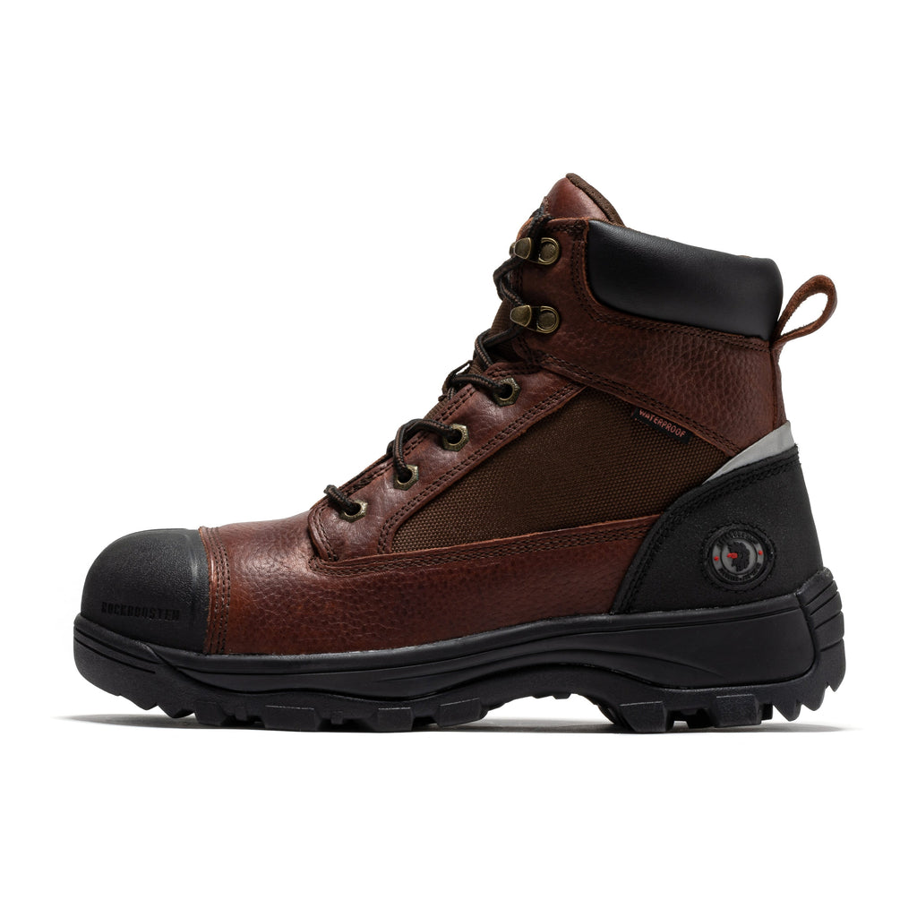 Brown waterproof work boots with black toe cap, lace-up closure, and rugged tread