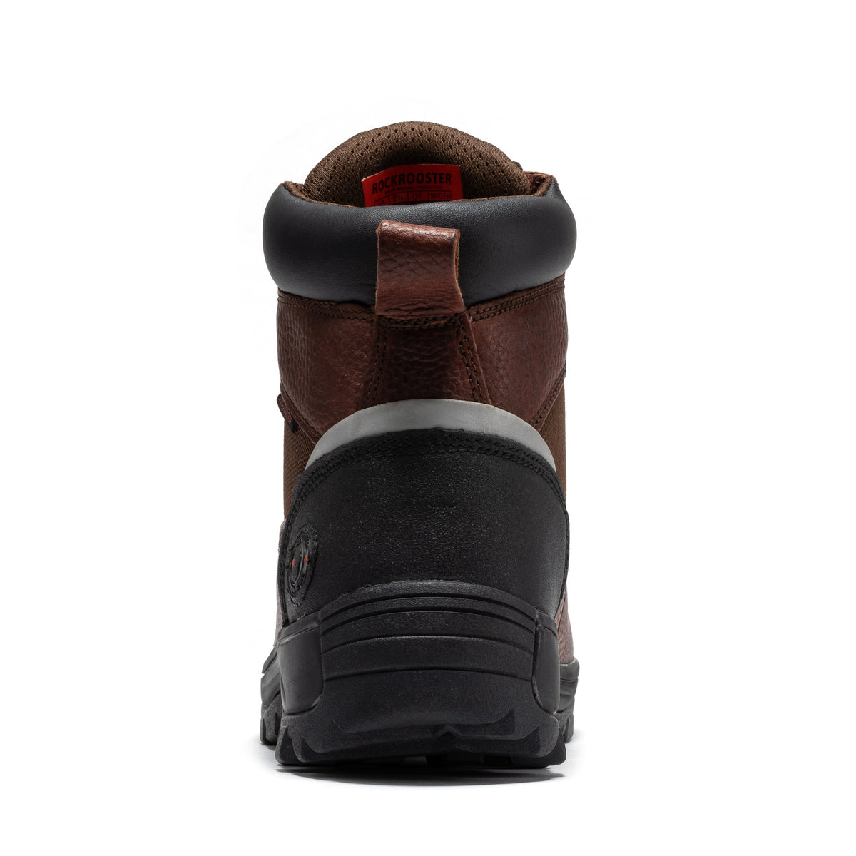 Brown waterproof work boots heel view with padded collar, black back panel, and lug sole
