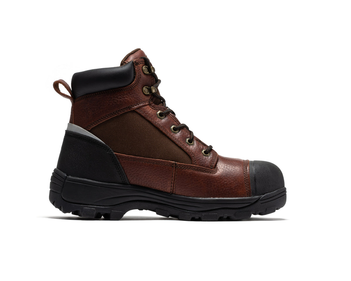 Brown waterproof work boot profile with lace-up closure, black upper trim, and lug sole
