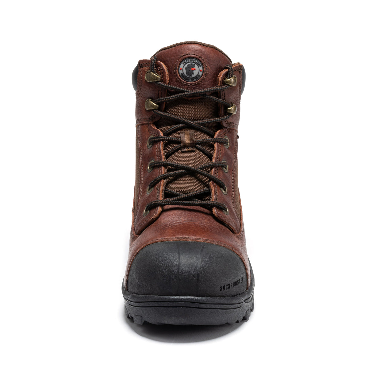 Brown waterproof work boots back view with padded collar, lace-up top, and lug sole