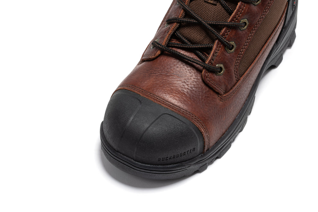 Brown waterproof work boot toe and side close-up with black toe cap and laces